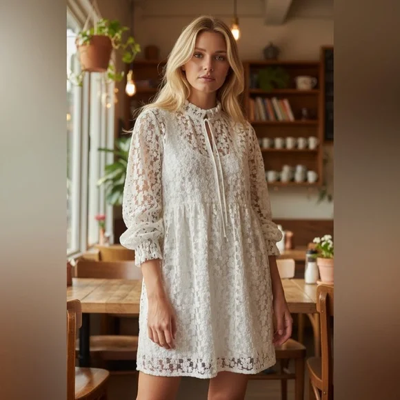 Zara White Floral Textured Babydoll Dress/Tunic - Size XL - Picture 2 of 10